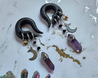 Silver Amethyst Celestial Charmed Gauges // Mixed Metals // Crescent Moon  // Gold Brass Star // Black Spinel // Dangle Plugs set