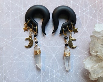 Gold Celestial Charmed Gauges // Crescent Moon // Star // Quartz Crystal wands // Black Spinel // Dangle Gauges