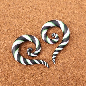 May include: A pair of spiral-shaped ear tapers featuring a repeating striped pattern in black, white, and green. The tapered jewelry curves into a point at one end and widens toward the other, showcasing a smooth, polished finish throughout.