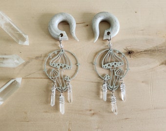 Magic Mushroom Dangle Gauges // Dripping Quartz Crystals Wands // Stainless steel Shrooms // Silver Plugs