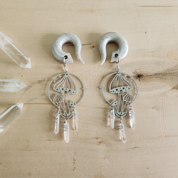 Magic Mushroom Dangle Gauges // Dripping Quartz Crystals Wands // Stainless steel Shrooms // Silver Plugs