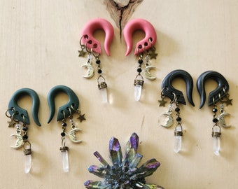 Mixed Metal Celestial Charm Dangle Gauges // Silver Moon // Brass Stars // Quartz Crystal // Gemstone Moon & Star Dangle Plugs