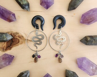 Dark Silver Celestial Serpent Gemstone Hoops Gauges // Rare Cat Eye // Amethyst // Smoky Quartz // Stainless // Dangle Plugs