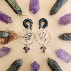 Dark Silver Celestial Serpent Gemstone Hoops Gauges // Rare Cat Eye // Amethyst // Smoky Quartz // Stainless // Dangle Plugs image 1