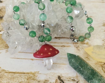 Funky Quartz Crystal Mushroom Necklace // Green Agate // Faceted Silver hematite // Stainless steel // 18 inch Chunky Necklace