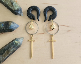 Dark Slayer Gauged Earring // D20 Dice // DnD // Gold Sword // Mixed Metal Dangle Plugs