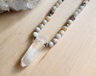 Amazonite  Gemstone Silk Knotted Necklace// Silver hematite // Double Pointed Quartz Crystal // 17 inch Necklace