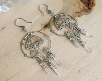 Magic Mushroom Chandelier Earrings // Dripping Quartz Crystals Wands // Silver Stainless Steel Shrooms