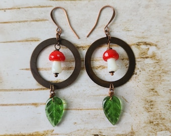 Rustic Mushroom Hoop Earrings // Green Leaf // OX Copper Dangle Earrings