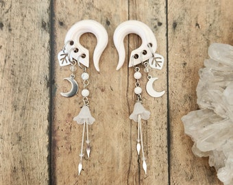 White Midnight Botanical Silver Moon Bloom Charmed Gauges // Crescent Moon // Dancing Trumpet // Dangle Garden Plugs