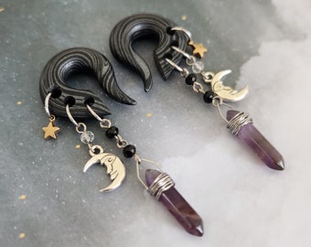 Silver Amethyst Celestial Charmed Gauges // Mixed Metals // Crescent Moon  //Brass Star // Black Spinel // Dangle Plugs