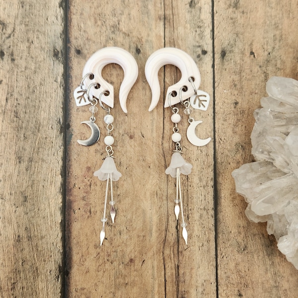White Midnight Botanical Silver Moon Bloom Charmed Gauges // Crescent Moon // Dancing Trumpet // Dangle Garden Plugs