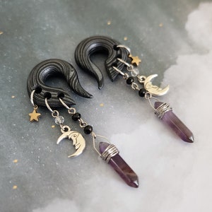 Silver Amethyst Celestial Charmed Gauges // Mixed Metals // Crescent Moon  //Brass Star // Black Spinel // Dangle Plugs