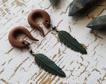 Boho Teal Patina Feather Drop Gauged Earring // Pyrite //Dangle Plugs