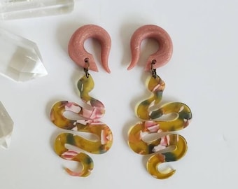 Blush Garden Botanical Serpent Gauged Earrings // Large Acrylic Snake // Dangle Plugs gauges