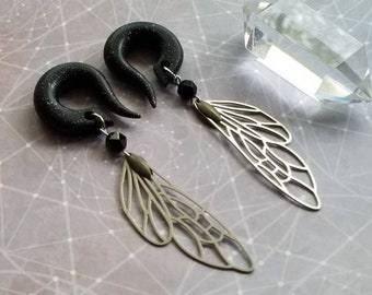 Black Onyx Dragonfly Wing Gauges // mixed metals // faceted stone // Earring // Plugs