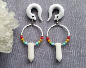 Light Retro Rainbow Gemstone Hoop Plugs  // White Jade // Multi Gemstone // Dangle Gauges