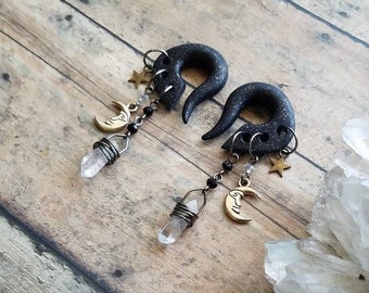 Dark Silver Gunmetal Celestial Charmed Gauges // Mixed Metals // Crescent Moon  // Star // Quartz Crystal wands //  Dangle Gauges