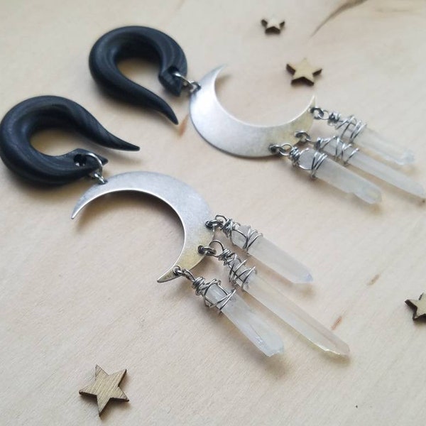 Silver Angel Aura Quartz Crystal Crescent Moon Dangle Gauges //Quartz  Crystals Wand Moon Beams // Celestial  // Silver // Plugs