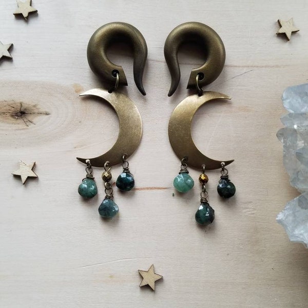 Golden Green Chryscolloa Crescent Moon Dangle Gauges // Antiqued Brass Celestial Earring Plugs