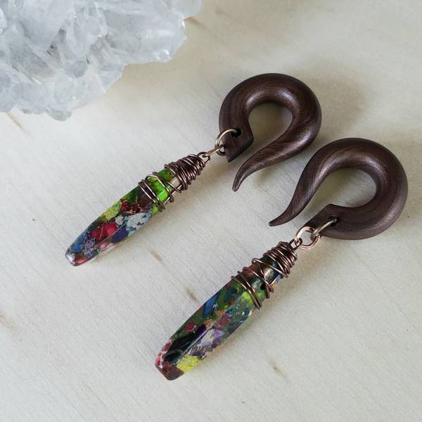 Rainbow Variscite Stone Spike Gauged Earring // Copper Wire Wrapped Stones // Dangle Plugs