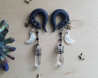 Gunmetal Pearl Celestial Charmed Gauges // Blue  Goldstone // Quartz Crystal Moon & Stars Dangle Plugs