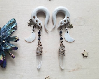 Bronze Pearl Celestial Charmed Gauges / Blue Goldstone / Quartz Crystal Moon & Star Dangle Plugs