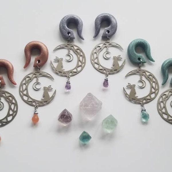 Silver Spring Gemstone Etched Crescent Moon Gauges  // Ametrine // Blue Apatite // Peach Moonstones / Dangle  Plugs