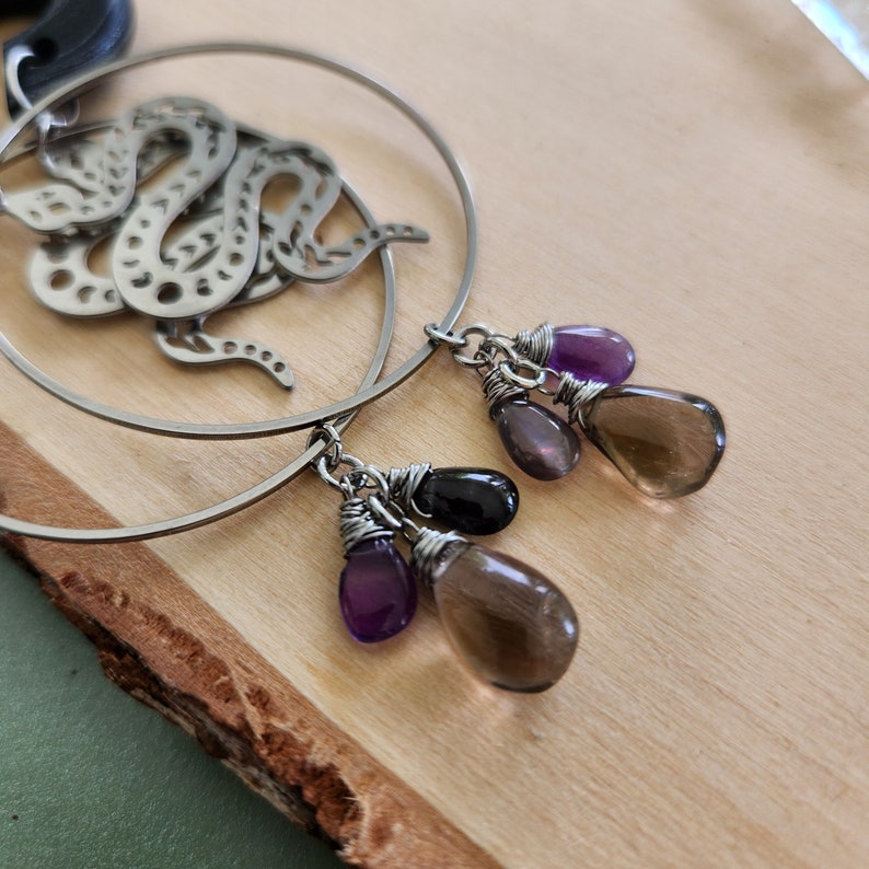 Dark Silver Celestial Serpent Gemstone Hoops Gauges // Rare Cat Eye // Amethyst // Smoky Quartz // Stainless // Dangle Plugs image 2