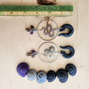 Dark Silver Celestial Serpent Gemstone Hoops Gauges // Rare Cat Eye // Amethyst // Smoky Quartz // Stainless // Dangle Plugs image 7