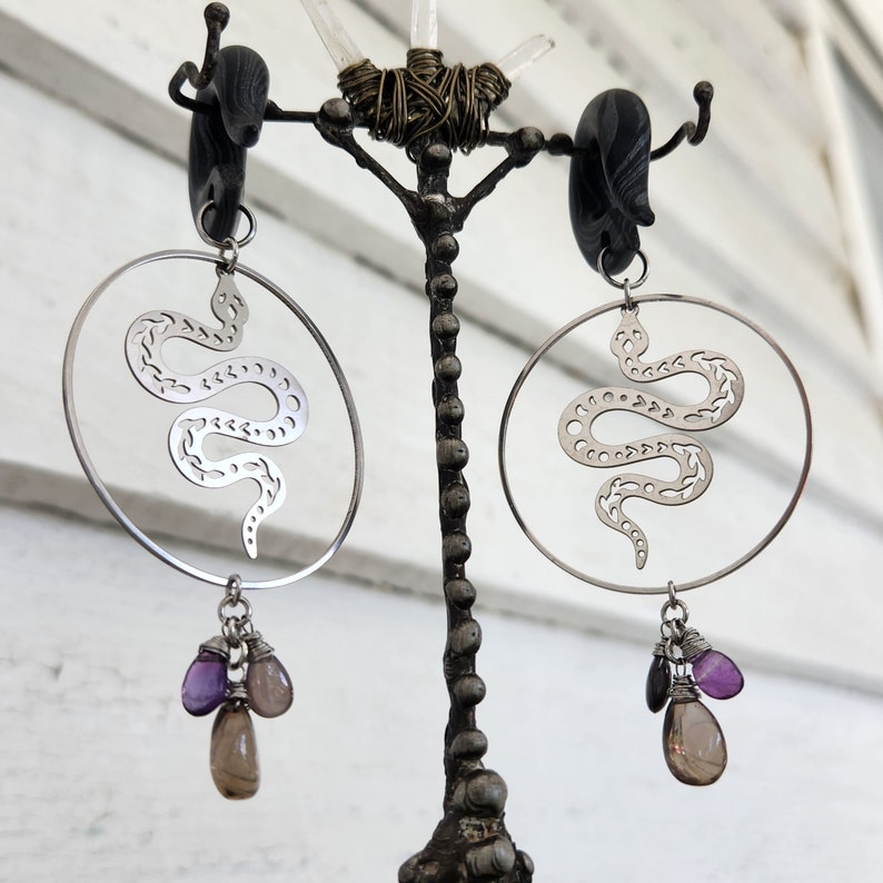 Dark Silver Celestial Serpent Gemstone Hoops Gauges // Rare Cat Eye // Amethyst // Smoky Quartz // Stainless // Dangle Plugs image 3