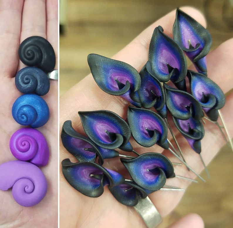 May include: A collection of handmade polymer clay earrings featuring black and purple calla lily flowers. The earrings are delicate and intricate, with a realistic look.