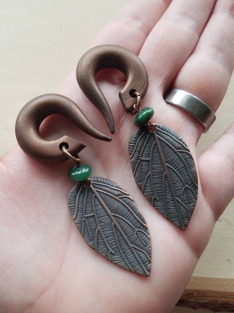 Dark Green Jade Copper Leaf Drop Gauged Earring African Green Jade Stones Dangle Plugs