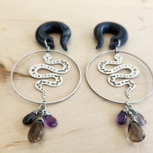 Dark Silver Celestial Serpent Gemstone Hoops Gauges // Rare Cat Eye // Amethyst // Smoky Quartz // Stainless // Dangle Plugs image 4