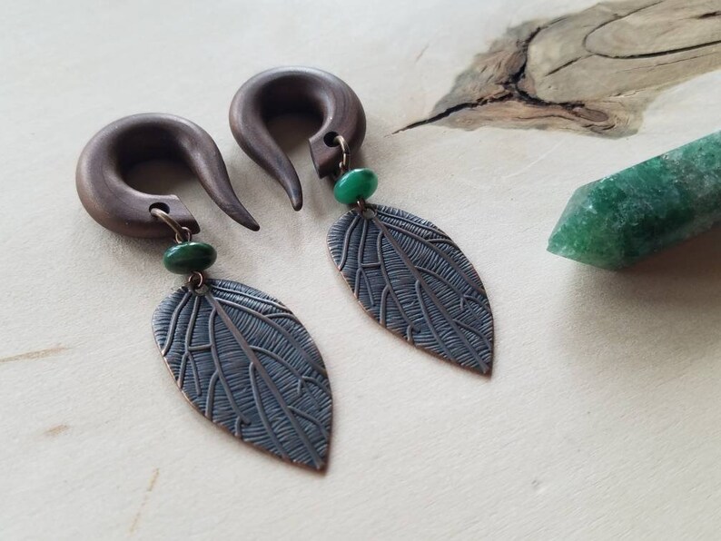 Dark Green Jade Copper Leaf Drop Gauged Earring African Green Jade Stones Dangle Plugs