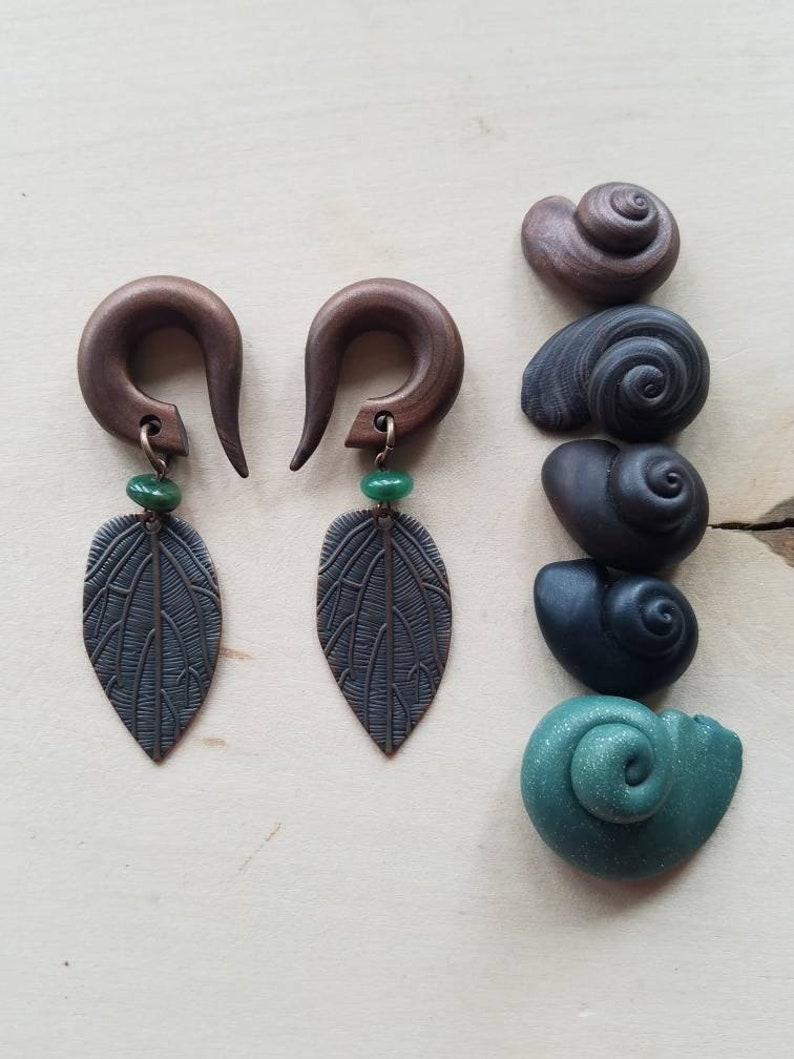 Dark Green Jade Copper Leaf Drop Gauged Earring African Green Jade Stones Dangle Plugs