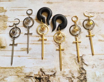 Dark Dungeon Slayer Gauged Earring // D20 Dice // DnD // Swords // Medieval Mixed Metal Dangle Plugs