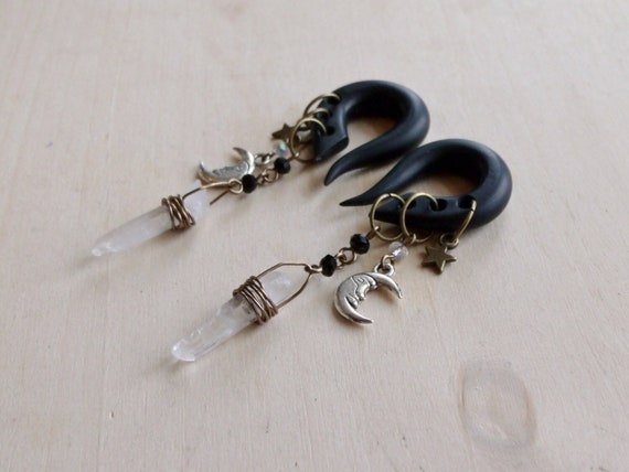 Bronze Celestial Charmed Gauges // Mixed Metals // Crescent Moon  // Star // Quartz Crystal wands // Dangle Gauges