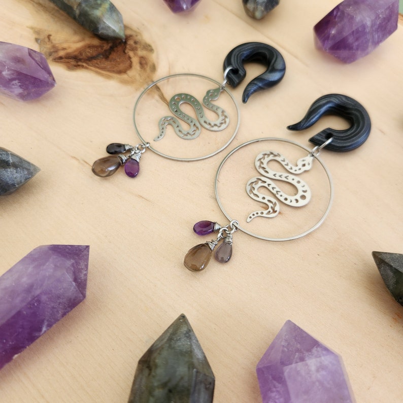 Dark Silver Celestial Serpent Gemstone Hoops Gauges // Rare Cat Eye // Amethyst // Smoky Quartz // Stainless // Dangle Plugs image 5