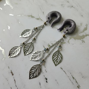 Dancing Silver Mystic Leaf Drop Gauged Earrings // Gold & Silver Mixed Metal // Botanical Leaves // Stainless Steel Dangle Gauges Plugs