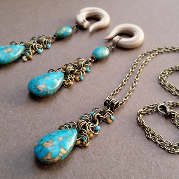Mosaic Turquoise Drop Gauges and Necklace Set with  Beaded Fringe