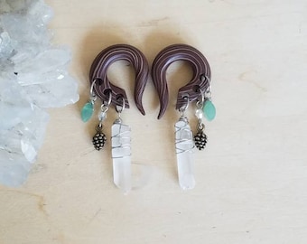 Earthy Quartz Crystal Woodland Charmed Gauges // // Mixed Metals // Dangle Plugs