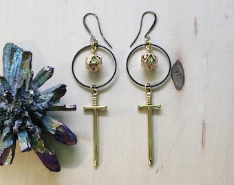 Dark Slayer // D20 Dice // Gold Sword // DnD // Mixed Metal Earrings