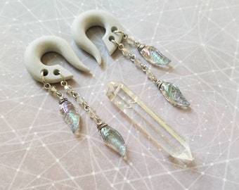 Iridescent Angelic Feather Drop Gauges // Silver Dangle Plugs