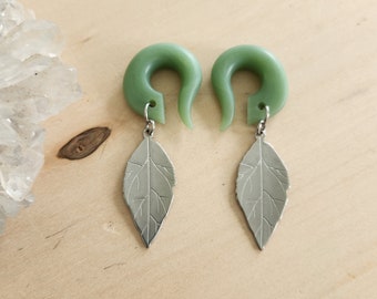 Frosted Silver Leaf Drop Gauged Earrings // Matte Stainless Steel // Dangle Plugs