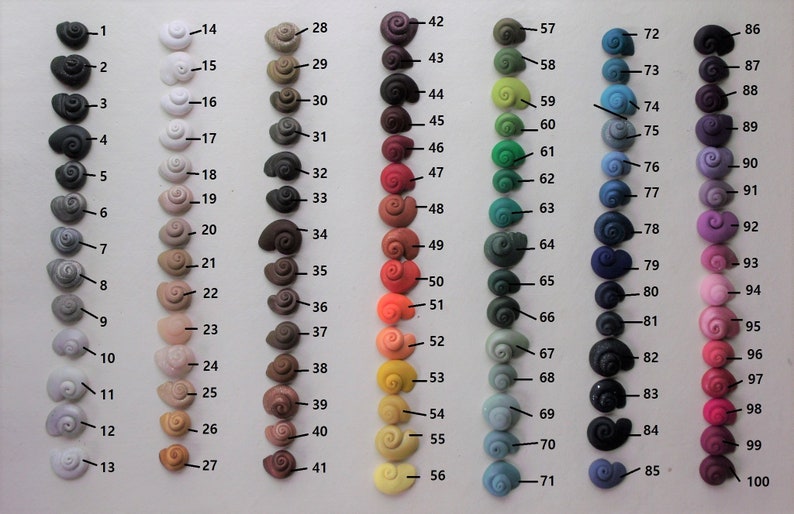 May include: A color chart of 100 small, ceramic snail-shaped beads. The beads are arranged in rows of 10, with each row featuring a different color. The colors range from black to white, with shades of gray, brown, red, orange, yellow, green, blue, purple, and pink.