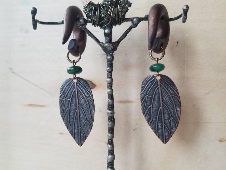 Dark Green Jade Copper Leaf Drop Gauged Earring African Green Jade Stones Dangle Plugs