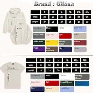 May include: Size chart and color guide for Gildan apparel, including hoodies and t-shirts. The chart displays width and length measurements in inches for sizes S through 3XL. Color options include Sport Grey, Black, White, and more.