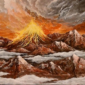 Vulkanausbruch Gemälde: Feurige Berglandschaft Acrylkunst