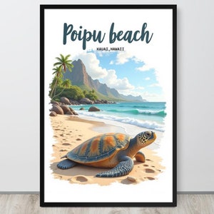 Kauai Hawaii wall art - Poipu Beach Kauai Travel Print, Hawaiian Sea Turtle Wall Art Poipu Beach Hawaii Travel Poster. Honu Kauai Wall decor
